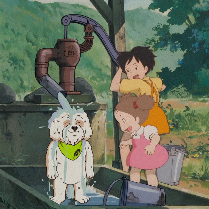 Two children give a white dog a bath under an outdoor water pump, with "12" visible on the pump's metal fixture. The wholesome, nostalgic scene of care and renewal ties into the post's message about migrating to V2 tokens and a fresh new chapter.