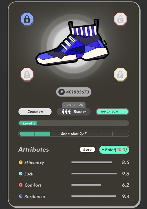 The image shows a STEPN NFT sneaker card featuring a blue and white "Runner" sneaker (8-20 km/h) classified as "Common," Level 5, with #401885673, shoe mint 2/7, and attributes including Efficiency 8.5, Luck 9.6, Comfort 6.2, and Resilience 9.4. This relates to the post, which announces the user recently purchased the sneaker—nearly at floor price ("ほぼフロア")—on the STEPN move-to-earn platform.