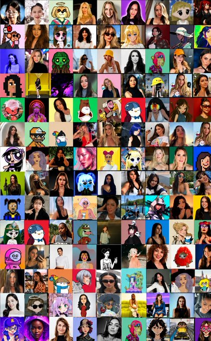 A grid of approximately 120 NFT profile pictures featuring a mix of digital illustrations and stylized portraits of women, reflecting the "Crypto Twitter" theme of showcasing diverse digital collectibles as personal avatars.

The image directly relates to the post's celebration of favorite "queens" on CT (Crypto Twitter), displaying a curated collection of NFT profile pictures—blending digital art and human portraits—that exemplify the varied "vibes, styles, and energy" the author praises in their timeline.