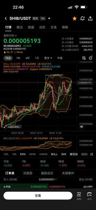 A cryptocurrency trading app screenshot showing the SHIB/USDT trading pair at 0.000005193, with a 3.24% increase, candlestick chart, and order book details.