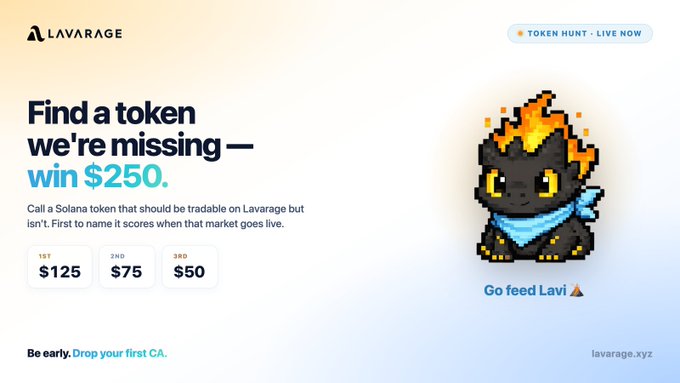 A promotional banner for Lavarage advertising a 'Token Hunt' where users can win $250 ($125, $75, or $50) for naming a missing tradable Solana token, featuring a pixel art lava creature named Lavi.