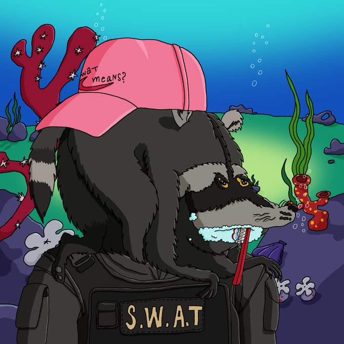 A cartoon raccoon wearing a pink hat reading 'NGHT means?' and a 'S.W.A.T' vest brushes its teeth underwater.