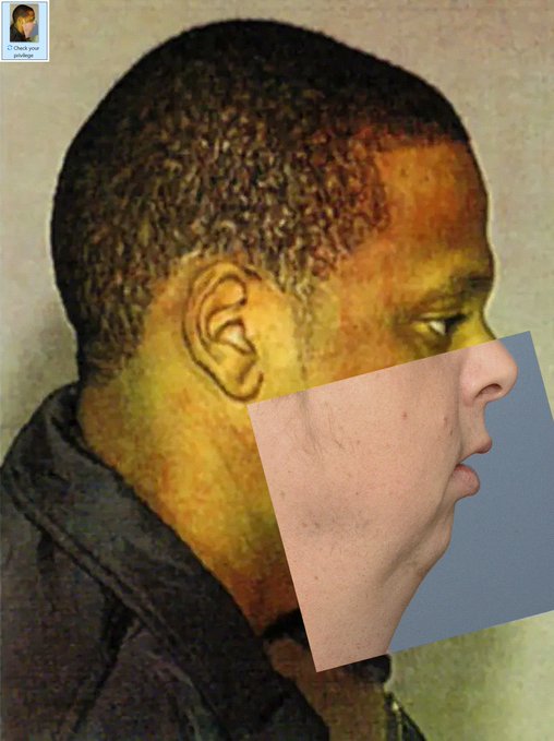 A surreal portrait shows a man in profile with a second face collage element pasted over the lower half of his face, with a small avatar icon labeled 'Check your settings' in the upper left corner.