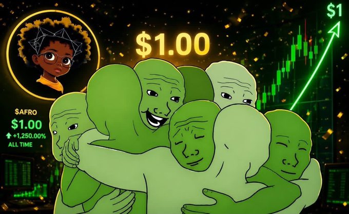 A meme graphic featuring a cartoon character labeled '$AFRO $1.00 +1,250.00% ALL TIME', surrounded by hugging green Pepe frogs, with a '$1.00' price tag and a green crypto price chart.