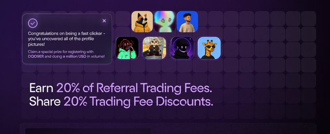 A dark purple promotional banner featuring various avatar icons and a pop-up congratulating users for being "fast clickers," alongside text highlighting a referral offer to "Earn 20% of Referral Trading Fees" and "Share 20% Trading Fee Discounts" for OndoPerps.