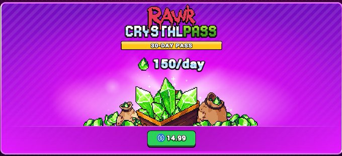 The image features a screenshot of a website with a purple background, displaying information about the Rawr CrystalPass offer for crystals. The main text reads "RAWR Crystalpass NEW price dropped. 60 days." It also includes some images and graphics that contribute to the overall visual appeal of the site.

In addition, there's a list of items in the image on which you can find more details about the CrystalPass deal at Rawr: "Key takeaway: Respecs now cost $0.10:) Plan your Dynopolis wiesely craft-world." This summary highlights an essential aspect of the offer that makes it even more appealing to potential customers by emphasizing its low price and offering benefits such as a 60-day plan with resale value or a money-back guarantee.