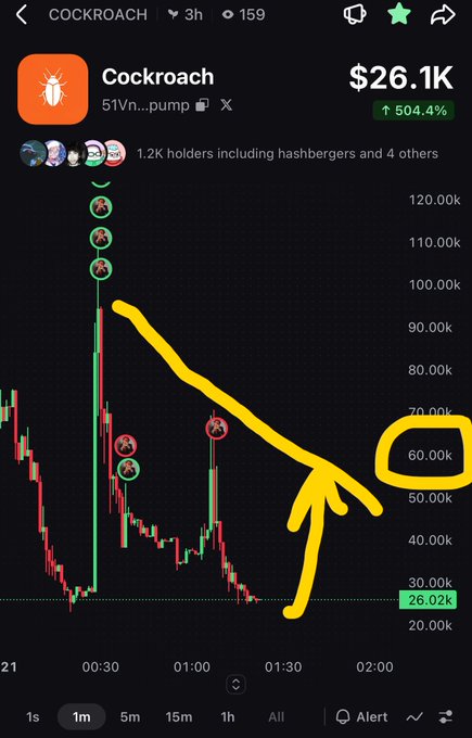 A crypto trading chart for 'Cockroach' (51Vn...pump) showing a price of $26.1K, up 504.4%, with a yellow arrow and circle drawn pointing to the 60k price level.