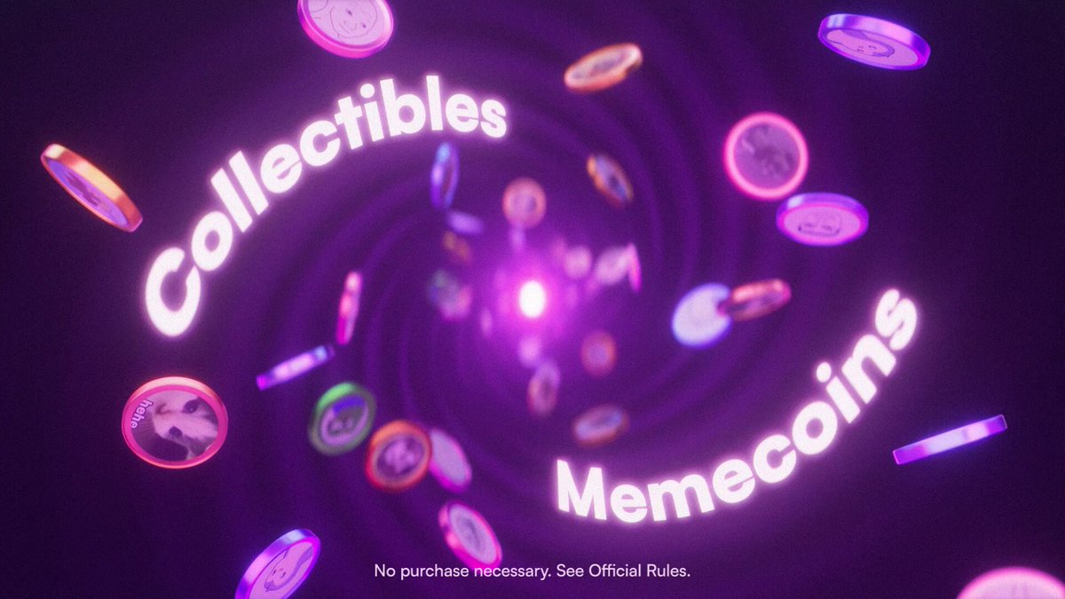 The image features a purple background with various coins scattered throughout, creating an impression of a chaotic collection or a swirling vortex. The text "Collect culture as digital cards" is written above this scene, suggesting that the coins are part of a digital card game called "Memecos." The phrase "No purchase necessary. Solana rules" implies that the game operates on a peer-to-peer network and does not require any financial transactions to participate.