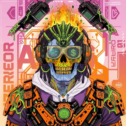 A vibrant cyberpunk-style illustration of a skull with dreadlocks wearing green goggles, headphones, and an orange high-tech outfit, with dollar signs on the lenses and flames on the head, signed 'NIKO' with 'CRYPTO KEEPERS' text.