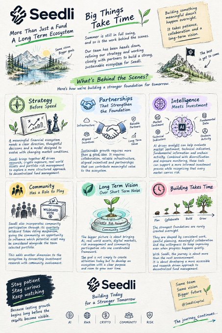 An informational graphic for Seedli titled 'More Than Just a Fund: A Long Term Ecosystem,' detailing their strategy, partnerships, intelligence, community, long-term vision, and building approach.
