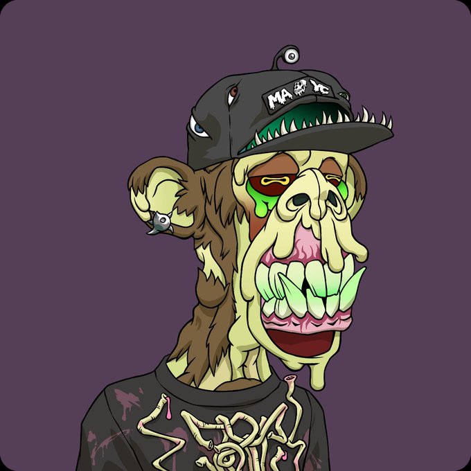 Digital illustration of a cartoon zombie-like character with a decaying face, large green-tinted teeth, drooping tongue, and a black baseball cap featuring an eye and "MA 🦴 YK" text.