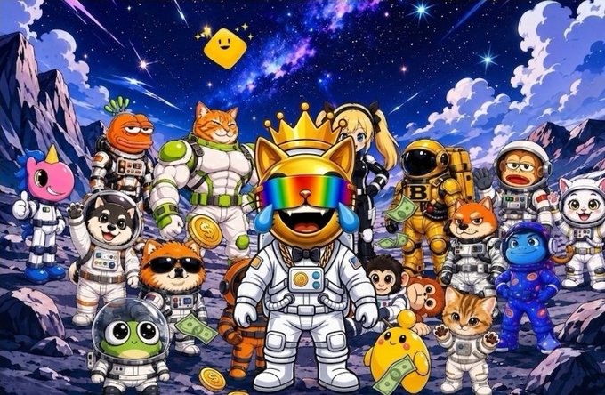 A colorful NFT-style illustration featuring various characters, including a crowned dog in a spacesuit wearing rainbow glasses, cats, monkeys, and other animals in a cosmic landscape with falling money.