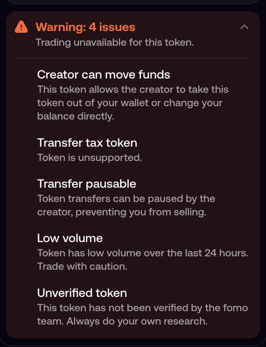 A dark-themed warning panel listing 4 token issues, including a "Transfer tax token" marked as "Token is unsupported," creator-controlled funds, pausable transfers, low 24-hour volume, and unverified status. This directly contradicts the post's boast of "4K volume" and "2.3M market cap," exposing the token as a likely honeypot with multiple red flags rather than a legitimate trading opportunity.