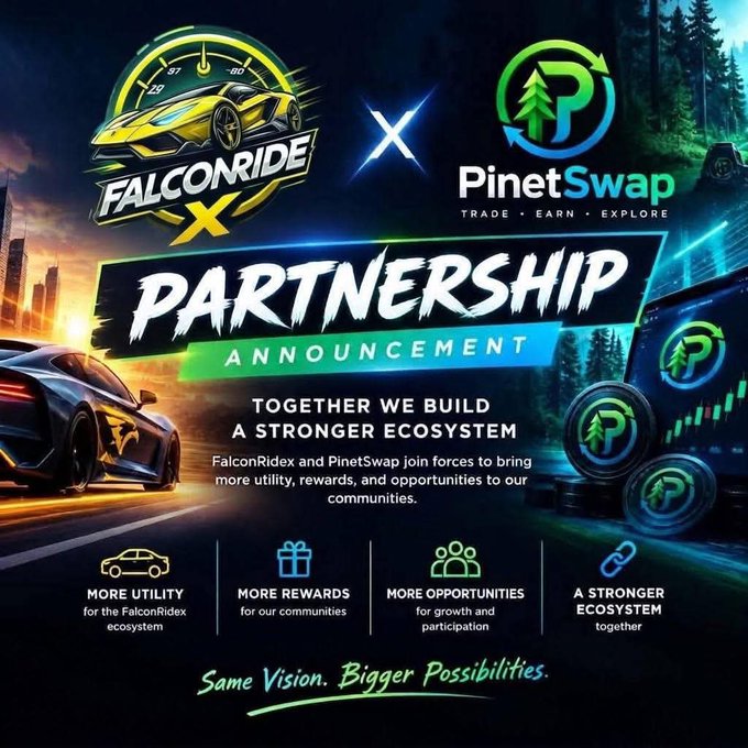 A promotional partnership announcement graphic between FalconRideX and PinetSwap, featuring the text 'Together We Build A Stronger Ecosystem' and 'Same Vision. Bigger Possibilities.'