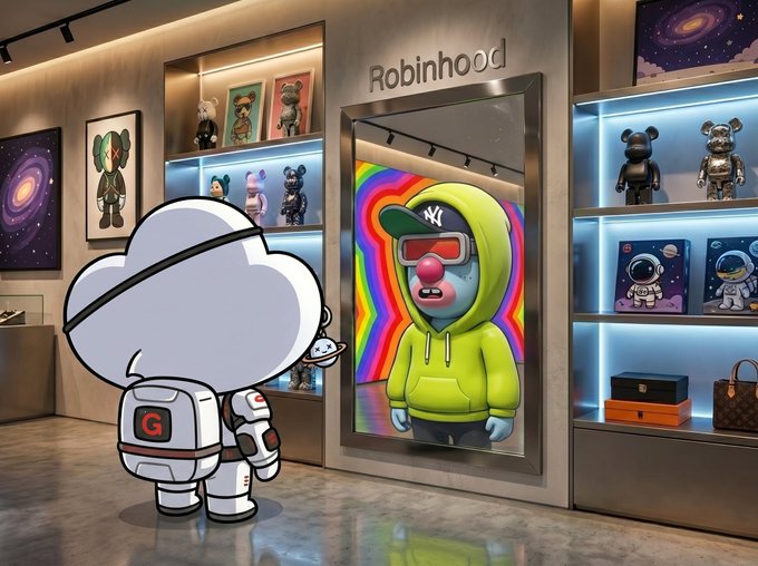 A 3D-rendered scene of an astronaut with a 'G' on its backpack looking at a display in a gallery labeled 'Robinhood', featuring various collectible figurines and a portrait of a clown in a yellow hoodie.