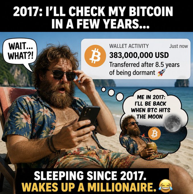 Meme about cryptocurrency featuring a bearded man on a beach looking shocked at his phone, with text: "2017: I'LL CHECK MY BITCOIN IN A FEW YEARS..." and "SLEEPING SINCE 2017. WAKES UP A MILLIONAIRE," showing a wallet activity of $383,000,000 USD transferred after 8.5 years.