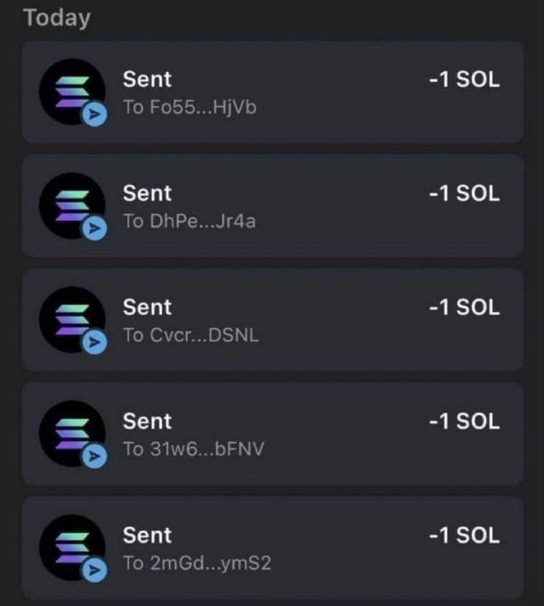 A mobile transaction history showing five 'Sent' transactions of -1 SOL each to various recipient addresses (Fo55...HjVb, DhPe...Jr4a, Cvcr...DSNL, 31w6...bFNV, 2mGd...ymS2) with the Solana logo.
