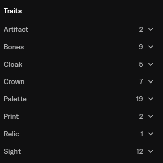A dark-themed dropdown menu lists 'Traits' categories with counts: Artifact (2), Bones (9), Cloak (5), Crown (7), Palette (19), Print (2), Relic (1), and Sight (12).