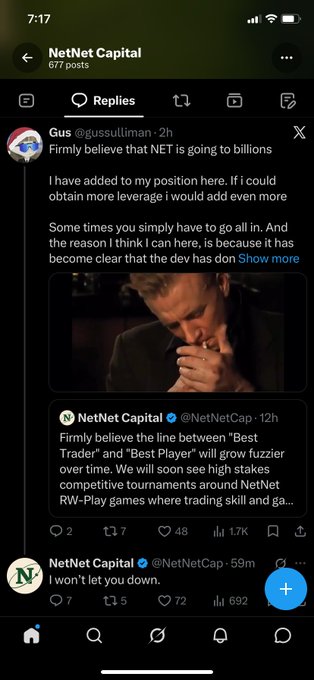The image shows a screenshot of a social media post from NetNet Capital on X (formerly Twitter), featuring a reply from user Gus (@gussulliman) expressing strong bullish conviction that $NET will reach billions, alongside an embedded clip of Al Dunlap. NetNet Capital's quoted tweet states their belief that the line between "Best Trader" and "Best Player" will grow fuzzier over time, with larger competitive tournaments around NetNet RW-Play games. The accompanying post about Al Dunlap's founder conviction directly relates to the embedded video shown in the replies, highlighting Dunlap as a Web3 founder with strong conviction about $NET's potential.
