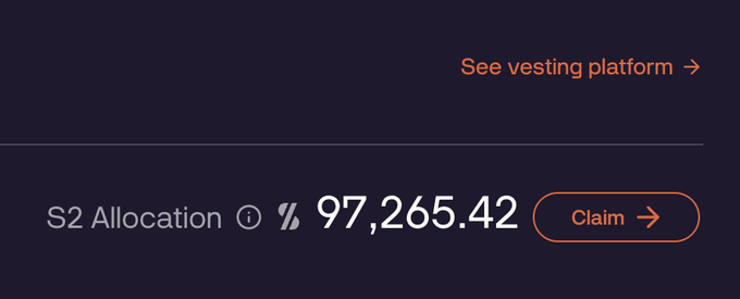 Dark-themed interface showing an 'S2 Allocation' of 97,265.42 tokens with a 'Claim' button and a 'See vesting platform →' link.