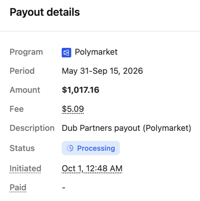Payout details screen showing a Polymarket program with amount $1,017.16, fee $5.09, description 'Dub Partners payout (Polymarket)', and a status of Processing initiated on Oct 1, 12:48 AM.