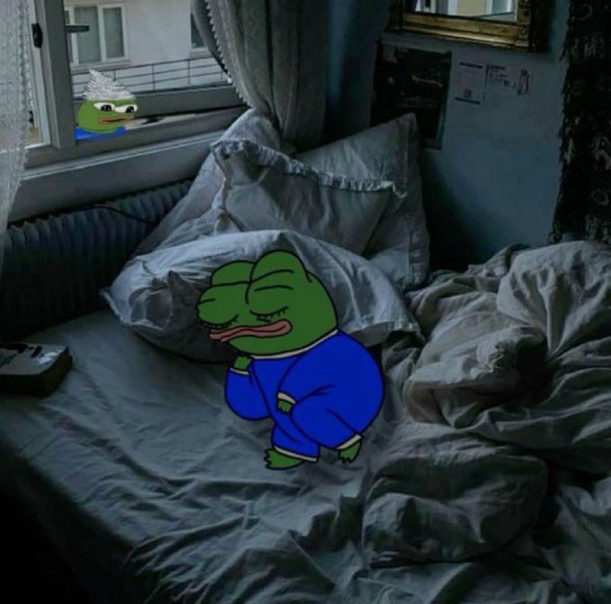 The image features a cartoon frog sitting on top of an unmade bed with white sheets and pillows. In the background, there is a window that allows for some light to enter the room. The caption of the image reads "gn guys studying $RIVER before I go to bed". This suggests that the frog might be a character from a popular animated series or comic book, and it appears to be in a study-related situation as if preparing for an upcoming test or exam.