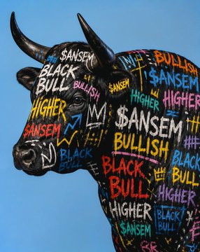 A vibrant pop-art style painting of a black bull on a blue background, with its body covered in colorful text repeating words like 'BULLISH', 'BLACK BULL', 'HIGHER', and '$ANSEM'.