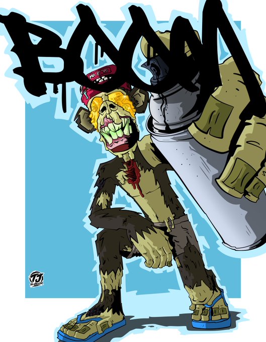 A graffiti-style illustration of a zombie-like character with a spray paint can spelling 'BAM' in black dripping letters against a blue background.