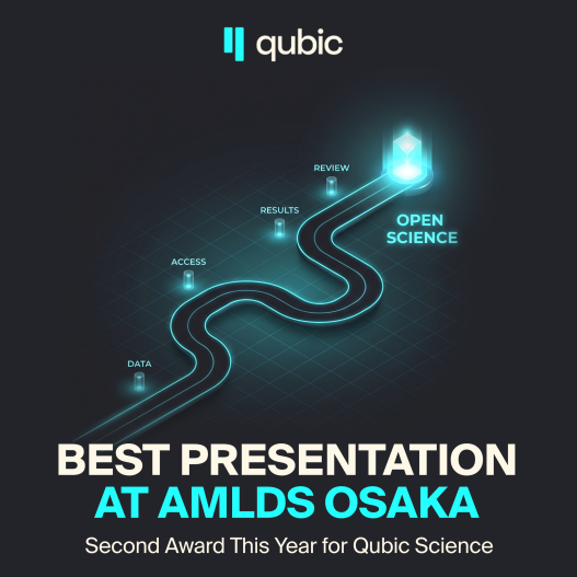 A promotional graphic for 'qubic' featuring a winding, glowing path leading to 'OPEN SCIENCE', titled 'BEST PRESENTATION AT AMLDS OSAKA'.