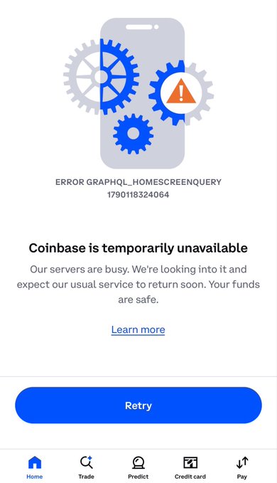 A "Coinbase is temporarily unavailable" error screen appears with the code "ERROR GRAPHQL_HOMESCREENQUERY 1790118324064," humorously undermining the post's optimistic "the bull market is back $coin" message by showing the crypto exchange experiencing technical difficulties.