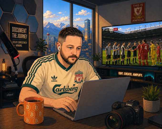 A bearded man in a Liverpool FC jersey works on a laptop at a desk with a Bitcoin-themed coffee mug, watching a football match on TV in a room decorated with 'THIS IS ANFIELD' signage and 'Document The Journey' art.