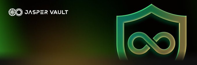 A dark banner displays the text "JASPER VAULT" on the left with a green shield logo containing an infinity symbol on the right.