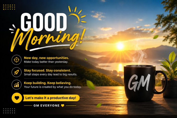 A motivational 'GOOD Morning!' graphic featuring a steaming black mug marked 'GM' on a wooden surface against a sunrise backdrop, with positive messages like 'Stay focused. Stay consistent.' and 'Let's make it a productive day!'