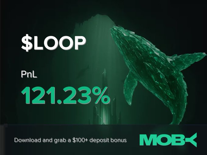 Promotional graphic for Moby featuring a green crystalline whale in a dark underwater scene, announcing a winning trade alert with the text "$LOOP PnL 121.23%" and a "$100+ deposit bonus" offer, visually celebrating the trader's profit on the LOOP token as mentioned in the accompanying win alert post.