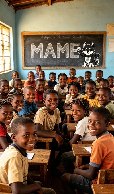 A classroom of smiling students at "Hope Primary School," with a chalkboard reading "MAME" and a cartoon husky drawing behind them.