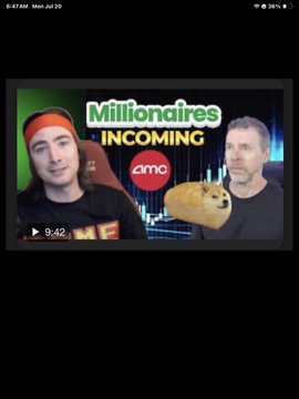 The image is a thumbnail for a video titled "Millionaires Incoming" featuring the AMC logo and a Dogecoin meme, which aligns with the accompanying post's optimistic outlook on AMC, SHIB, and BKKT stocks, suggesting they will create millionaires.