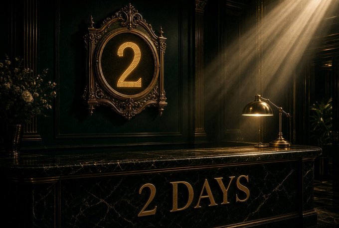 An ornate, dimly lit lobby features a glowing "2" displayed within an elaborate golden frame above a marble counter, with the words "2 DAYS" inscribed in gold lettering on the counter's front—signaling the final two days before the guest list closes for the House Keys NFT mint on Arc.