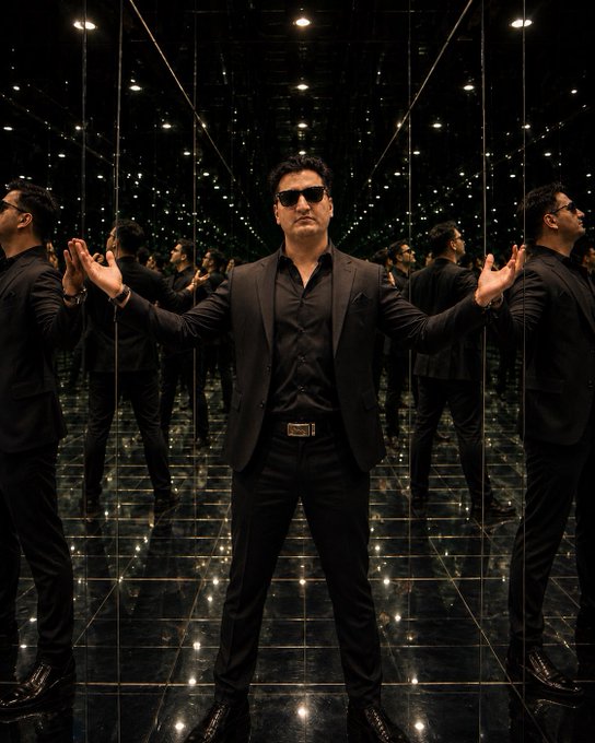 A confident man in a sleek black suit and sunglasses stands at the center of an infinity mirror room, his arms outstretched with palms raised as his reflection multiplies endlessly in every direction. The mirrored setting perfectly amplifies the caption's message, visually surrounding him with countless versions of himself—symbolizing winners reflected infinitely.