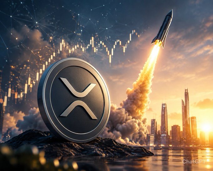 A dramatic digital artwork showing a large XRP (Ripple) coin in the foreground with a rocket launching into a starry sky, a candlestick chart overlay, and a city skyline at sunset, watermarked 'ChatGPT'.