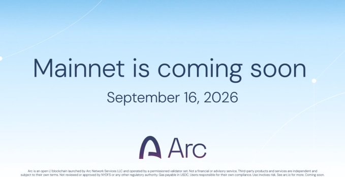 A promotional graphic with a light blue background reading 'Mainnet is coming soon September 16, 2026' alongside the Arc logo and disclosure text.