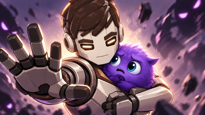 Stylized illustration of a robot character with glowing yellow eyes wearing headphones, holding a small purple fluffy creature, set against a dramatic purple cosmic background.