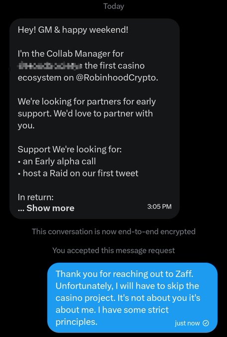 A Twitter DM conversation where a user declines a partnership request for a casino ecosystem on Robinhood Crypto, citing personal principles.