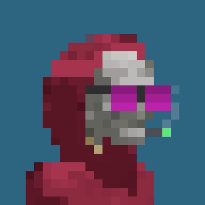 A pixel art illustration of a hooded figure wearing a red cloak and large magenta-tinted futuristic goggles against a teal background.