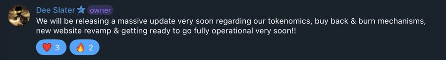 A Discord message from "Dee Slater" (marked as owner) announces upcoming updates to tokenomics, buy back & burn mechanisms, a website revamp, and full operational status, with 3 hearts and 2 fire reactions. The post ties in by suggesting these teased updates are the catalyst for $MANIFEST's anticipated parabolic breakout.