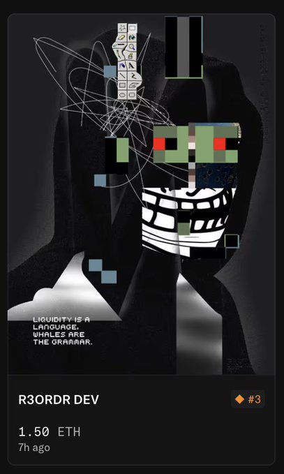 The image features a meme that depicts an anthropomorphized robot with multiple facial features like eyes, nose, mouth, and possibly a head or horns as well. The robot is wearing a black robe, giving it a strange yet intriguing appearance. The background of the image is black, which contrasts sharply with the white part of the meme where the text is displayed. Below the meme, there's some text that reads "Rank 3 @R3ORDR just sold for 1.5 ETH". This implies that someone has bought or is interested in purchasing a digital art piece featuring this particular robot.