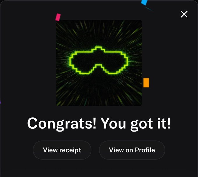A pop-up notification displays a glowing green pixelated bat logo with the message 'Congrats! You got it!' and buttons to 'View receipt' or 'View on Profile'.