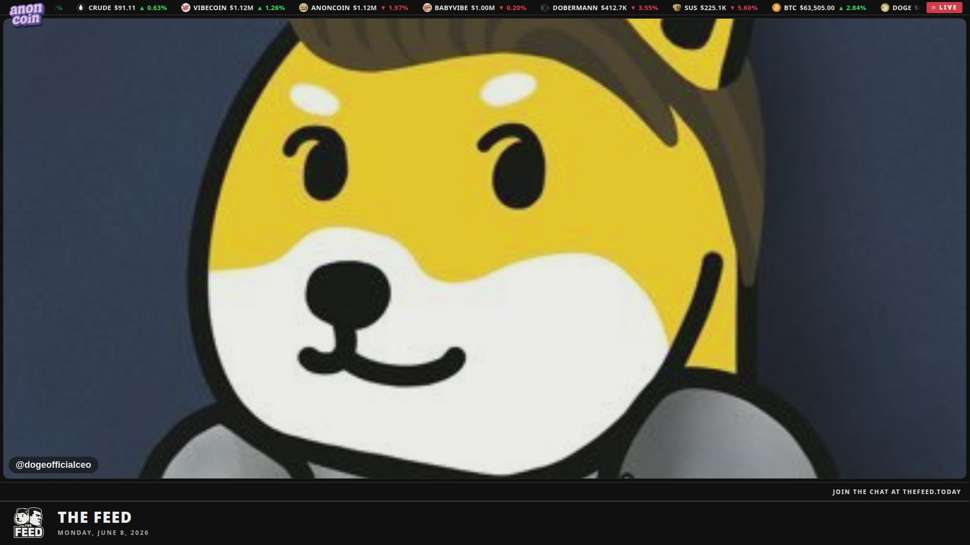 The image features a cartoonish, anthropomorphized dog with brown fur and white paws, wearing a gray shirt and sitting against a blue background. The text "watch the feed" is visible at the bottom of the image. This suggests that there might be some content or information being shared on social media platforms related to the dog character in the image.