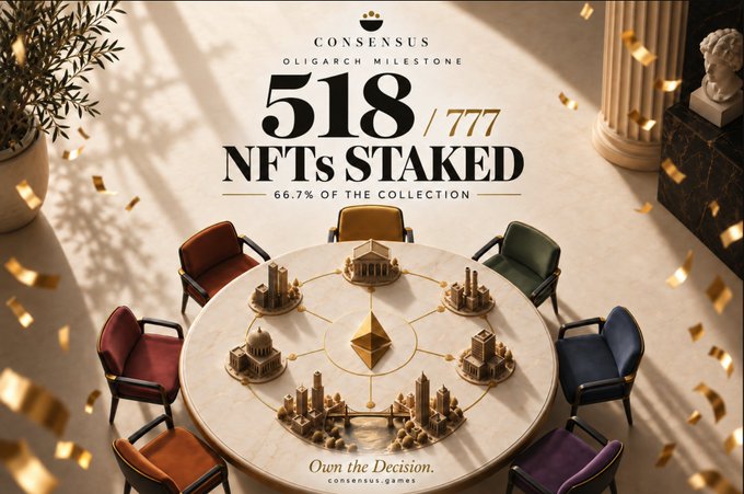 A promotional milestone graphic for "CONSENSUS OLIGARCH" announcing that 518/777 NFTs have been staked (66.7% of the collection), featuring an ornate table scene with chairs, golden confetti, and the tagline "Own the Decision." The luxurious gold-and-marble design celebrates the NFT staking achievement referenced in the accompanying post.