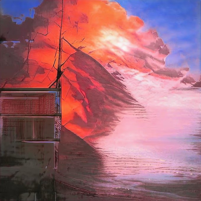 A vibrant sunset scene reflected on water, showing dramatic orange and pink clouds with silhouettes of branches and a structure on the left.