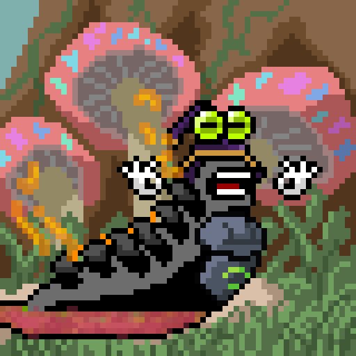 A pixel art illustration of a gorilla-like character wearing goggles and a helmet, surrounded by colorful, alien-looking plants and mushrooms in a vibrant setting.